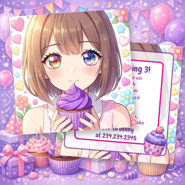 Invitation Anniversaire d'une fille Anime | Cœurs et gâteaux  (Créateur téléchargé)