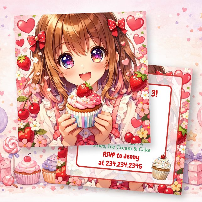 Invitation Anniversaire d'une fille Anime | Fraises et Cupcak (Créateur téléchargé)