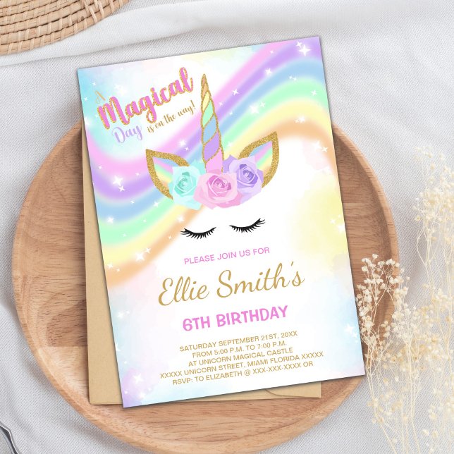 Invitation Anniversaire Editable Rainbow Unicorn (Rainbow Design Unicorn Birthday Invitations)