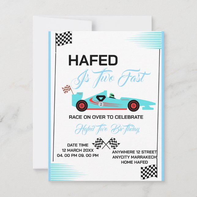 Invitation anniversaire Editable TWO FAST, voiture (Devant)