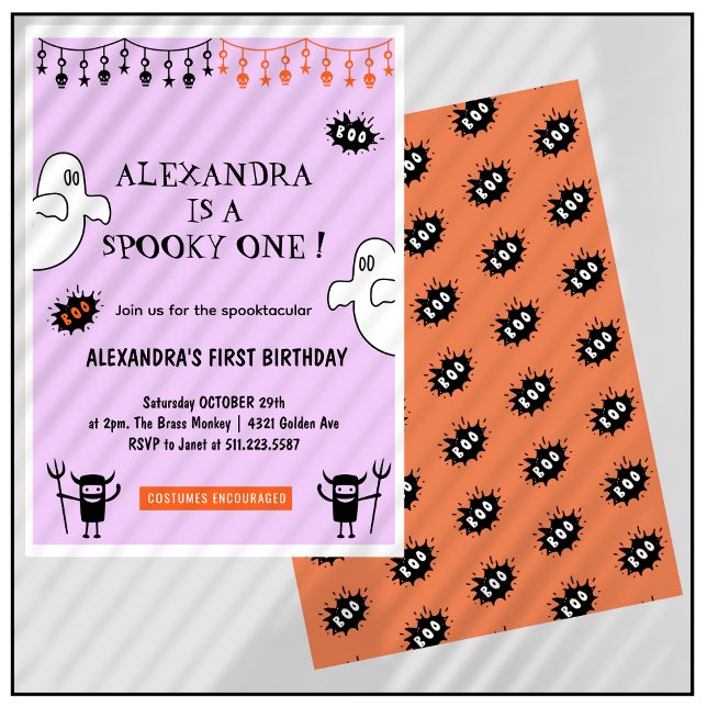 Invitation Anniversaire effrayant Spooktacular d'un an pour H (Halloween-1st-birthday-Invitation-Spooktacular-Spooky-one-pink-orange-1)