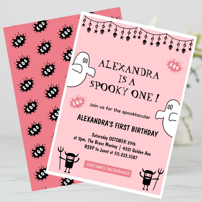 Invitation Anniversaire effrayant Spooktacular Halloween 1 an (Halloween-1st-birthday-Invitation-Spooktacular-Spooky-one-pink-1)