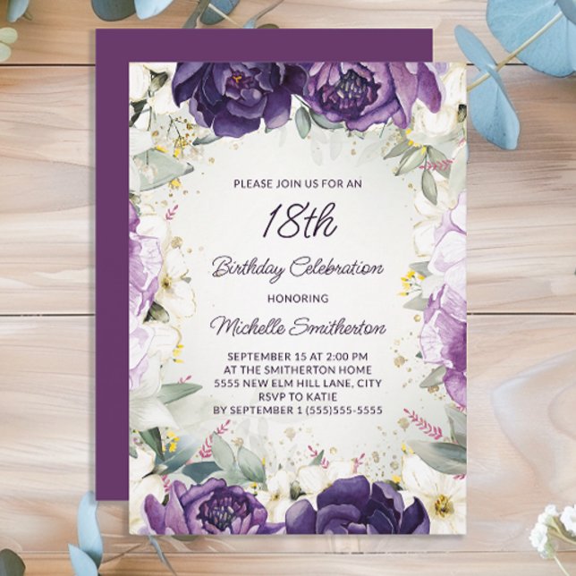 Invitation Anniversaire élégant 18 ans Fleurs Blanches Violet (Purple floral women's 18th birthday party invitation)