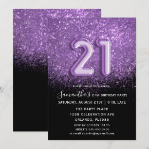 Invitation Anniversaire élégant 21 ans paillettes noir violet