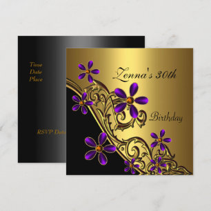 Invitation Anniversaire élégant 30 ans floral noir violet or