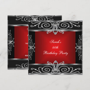 Invitation Anniversaire élégant 40 ans Rouge Noir Argent Art