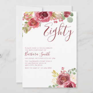 Invitation Anniversaire élégant 80 ans floral aquarelle borde