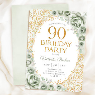 Invitation Anniversaire élégant 90 ans Vert sauge Or Floral