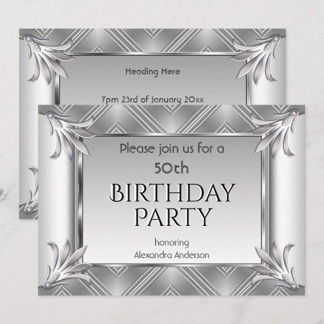 Invitation Anniversaire élégant Art Déco Argent Chrome (Devant / Derrière)