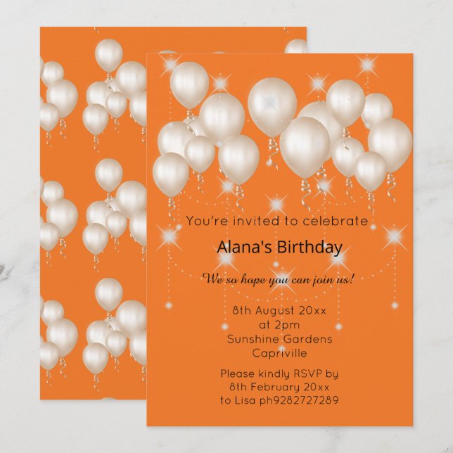 INVITATION ANNIVERSAIRE ÉLÉGANT BALLON MODERNE ORANGE CLAIR (Devant / Derrière)