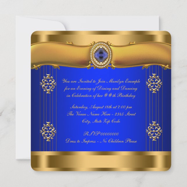 Invitation Anniversaire élégant bleu royal et or (Dos)