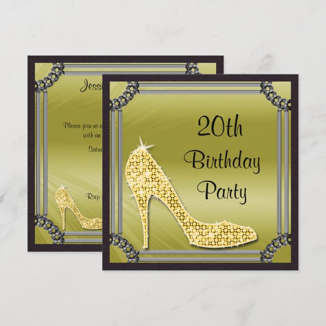 Invitation Anniversaire élégant de 20 ans avec stiletto doré  (Devant / Derrière)