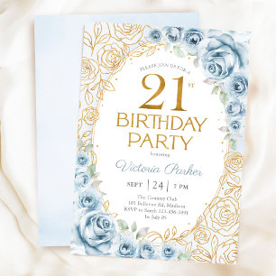 Invitation Anniversaire élégant de 21 ans Dusty Blue Gold Flo