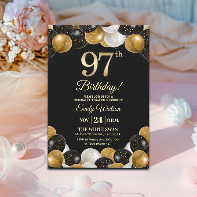 Invitation Anniversaire élégant de 97 ans avec paillettes d'o (Créateur téléchargé)