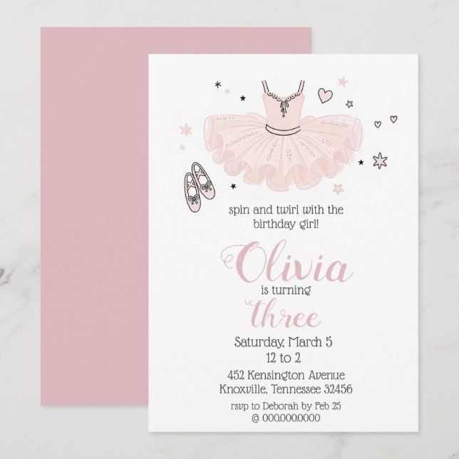 Invitation Anniversaire Élégant de Ballerine Rose (Devant / Derrière)