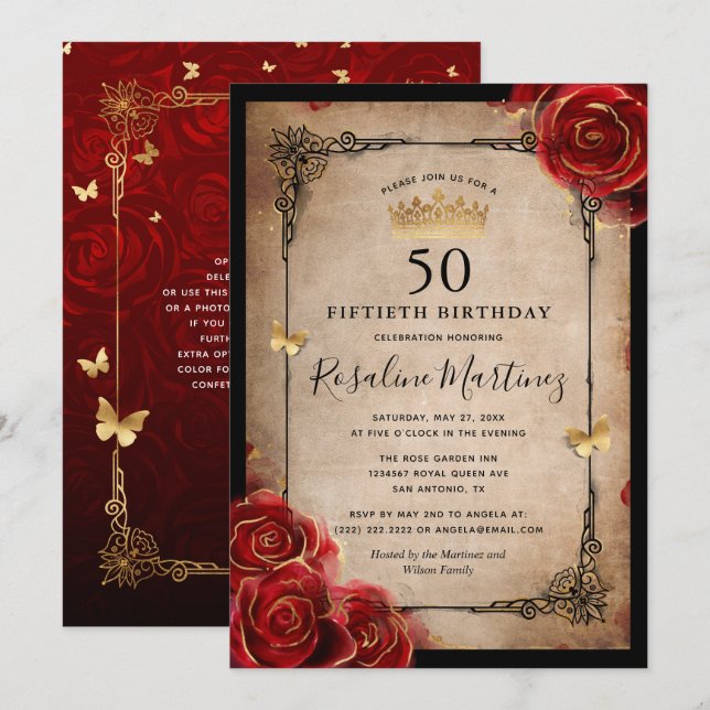 Invitation Anniversaire élégant de la Rose rouge Vintage roya (Devant / Derrière)