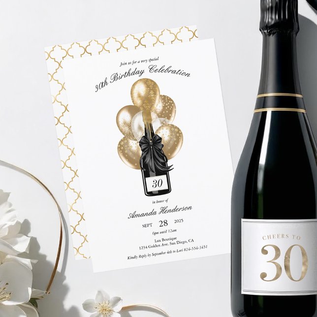 Invitation Anniversaire élégant du Champagne Noir et Or (Elegant Champagne Birthday Invitation)
