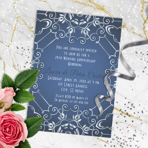 Invitation Anniversaire élégant du Mariage Bleu et Argent