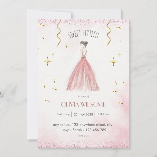 Invitation Anniversaire élégant du Sweet sixteen (Devant)