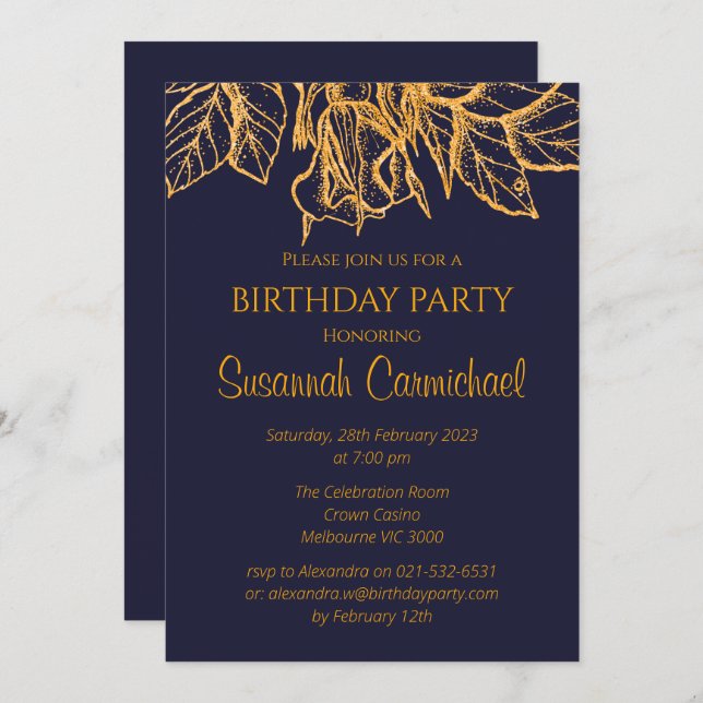 Invitation Anniversaire élégant en bleu et or de minuit (Devant / Derrière)