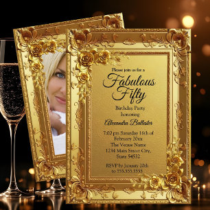 Invitation Anniversaire Élégant Fabulux Doré Photo Floral Dor
