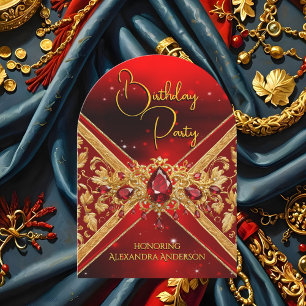 Invitation Anniversaire Élégant Faux Bijou Doré Rouge Embossé