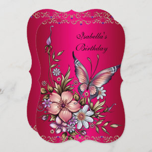 Invitation Anniversaire Élégant Fushia Rose Floral Papillon