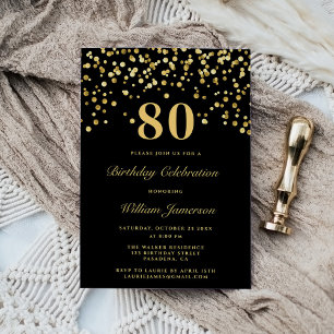 Invitation Anniversaire élégant noir et or quatre-vingt 80 an