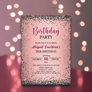 Invitation Anniversaire élégant noir paillettes métallisé ros