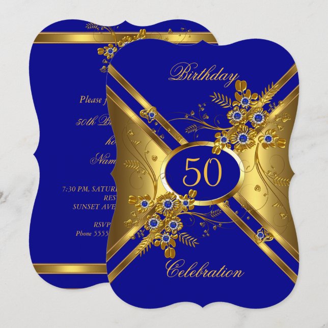 Invitation Anniversaire Elégant or Royal Blue Floral (Devant / Derrière)