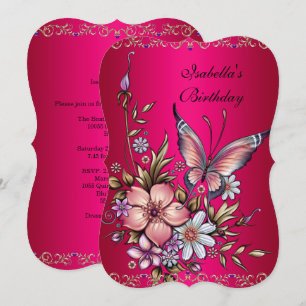 Invitation Anniversaire Élégant Papillon Floral Fuschia Rose