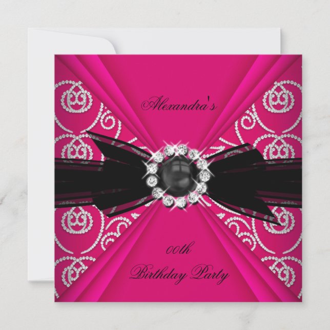 Invitation Anniversaire Élégant Perle Rose et Noire Nœud Papi (Devant)
