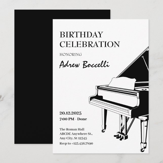Invitation Anniversaire élégant Piano classique (Devant / Derrière)