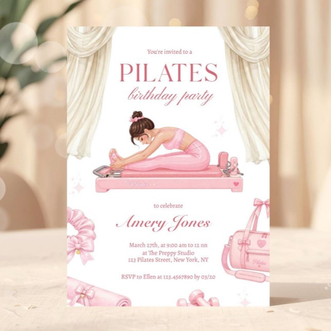Invitation Anniversaire Élégant Prépa Pilates (Pilates birthday invitation, fitness party invite, pink workout party invitation, preppy birthday in)