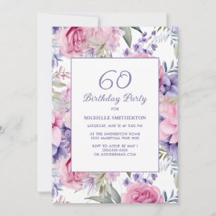 Invitation Anniversaire élégant rose violet floral 60 ans