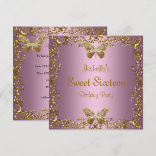 Invitation Anniversaire élégant Sweet Seize ans Papillon Rose