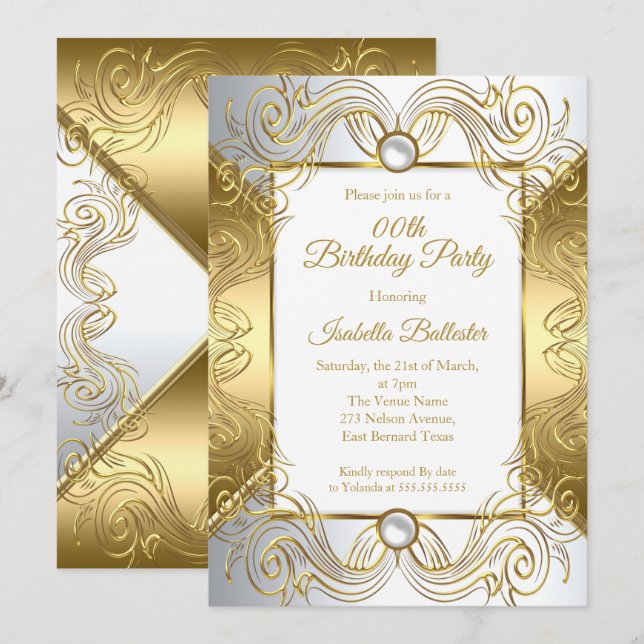 Invitation Anniversaire élégant tourbillon or blanc perle arg (Devant / Derrière)