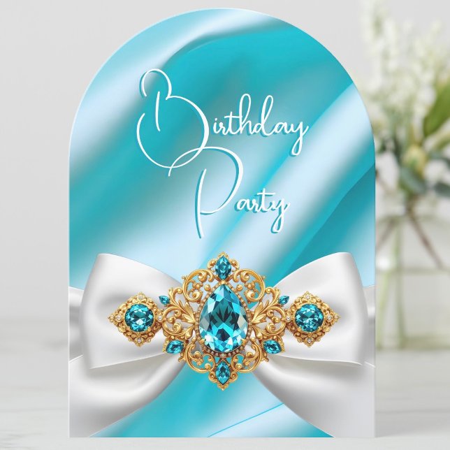 Invitation Anniversaire élégant Turquoise Bleu Bijou or Bow (Créateur téléchargé)