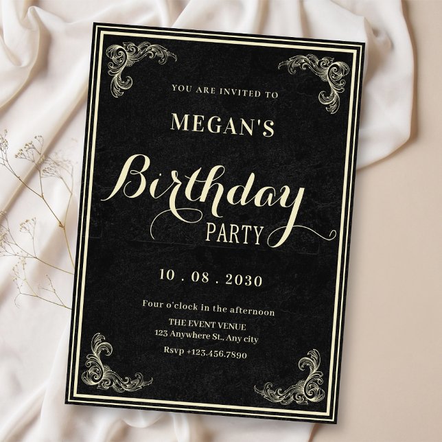Invitation Anniversaire élégant vintage classique noir  (Créateur téléchargé)