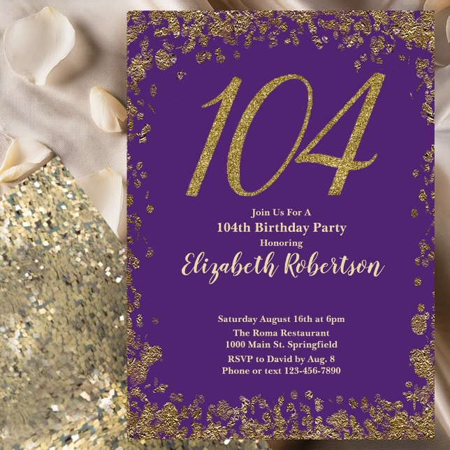 Invitation Anniversaire élégant violet et or 104 ans (Créateur téléchargé)