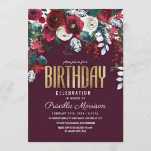 Invitation Anniversaire en ivoire rouge d'arrangement floral