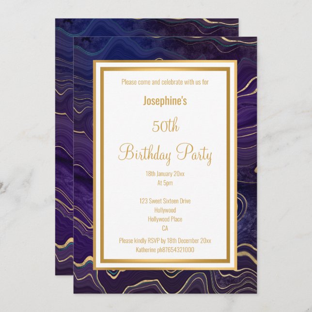 INVITATION ANNIVERSAIRE EN MARBRE DE LAVA PURPLE ÉLÉGANT (Devant / Derrière)