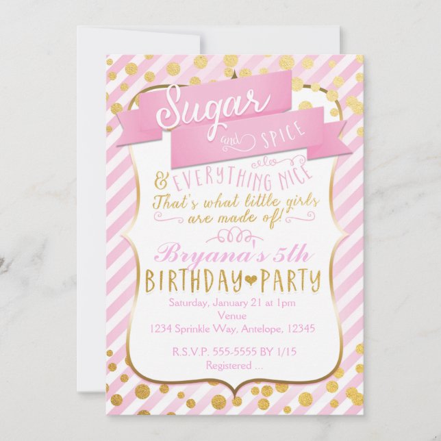 Invitation anniversaire en or rose Sugar & Spice (Devant)