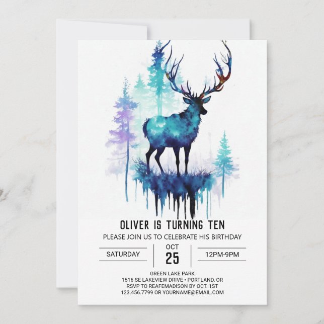 Invitation Anniversaire enchanteur de l'aquarelle des cerfs (Devant)