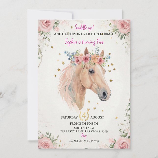 Invitation Anniversaire Enfant Cheval Floral Modèl (Devant)