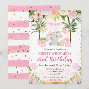 Invitation Anniversaire Enfant Éléphant Jungle Rose Mignon Aq