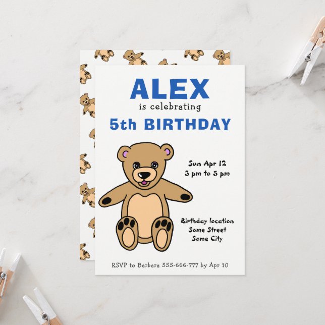 Invitation Anniversaire Enfant Garçon Ourson Mignon  (Devant/Arrière en situation)