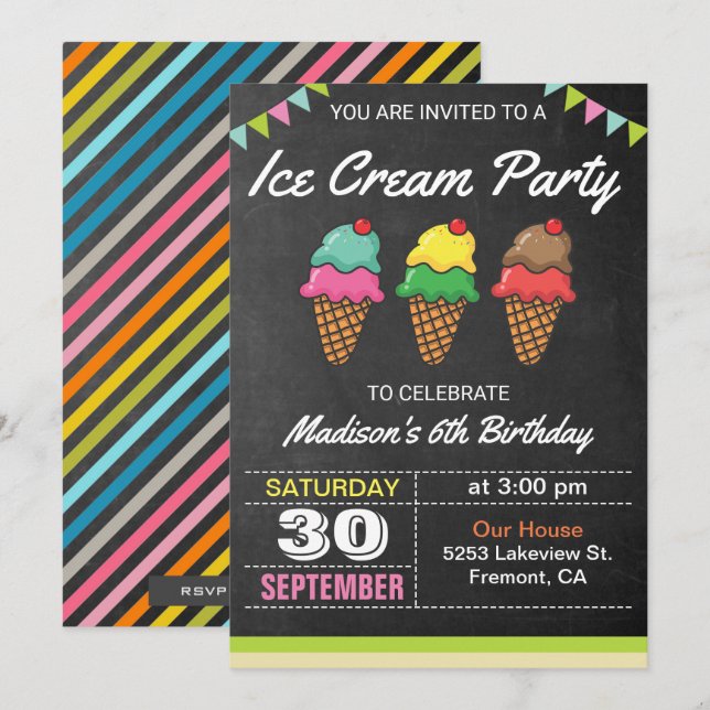 Invitation anniversaire enfant gâteau glacé coloré (Devant / Derrière)