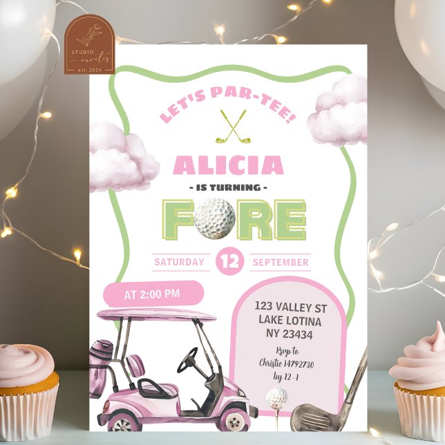 Invitation Anniversaire enfant golf rose Fore (Créateur téléchargé)