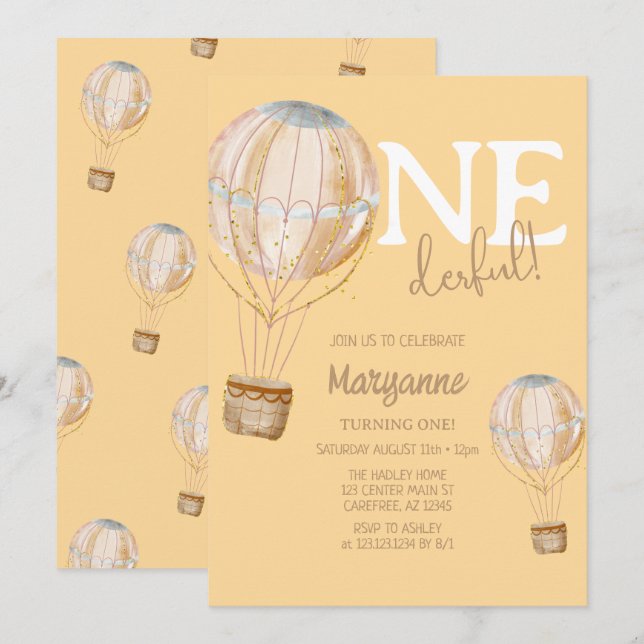 Invitation anniversaire enfant Montgolfière mignon (Devant / Derrière)